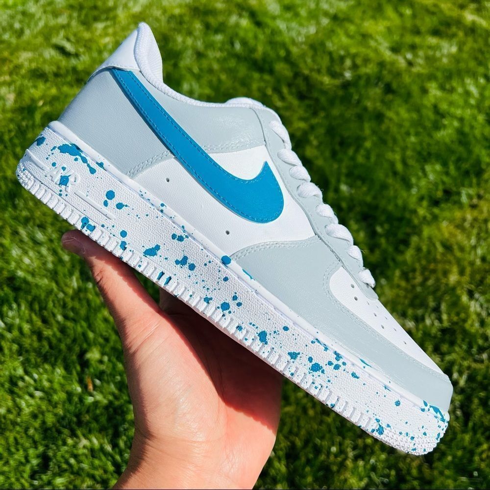 NIKE AIR Force 1 Men's Gray/Turquoise Colorblock Splatter Custom Sneakers NEW - Picture 2 of 6
